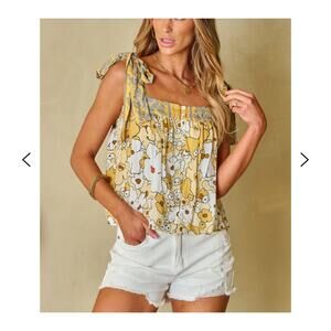 Womens Summer Boho Floral Tank Top Cute Beach Flowy Crop Blouse Top Yellow S